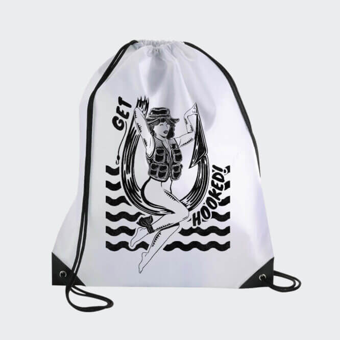 Gymsack "Get Hooked Bianco e Nero" Fishing Pesca